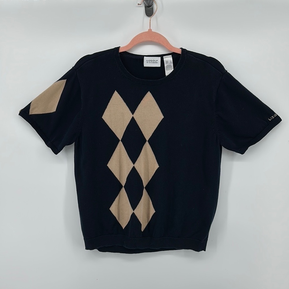 Liz Claiborne Liz Golf Navy&Tan Triangle Sweater S/S Blouse Size Large